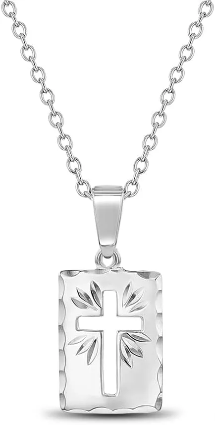 925 Sterling Silver 16" Short Rectangle Medallion Cutout Cross Necklace for Kids - Religious Medal Cross Necklaces for Toddlers - Decorative Rectangular Shape Charm Jewelry for Children & Preteens