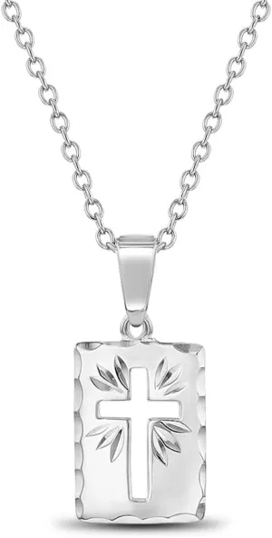 925 Sterling Silver 16" Short Rectangle Medallion Cutout Cross Necklace for Kids - Religious Medal Cross Necklaces for Toddlers - Decorative Rectangular Shape Charm Jewelry for Children & Preteens