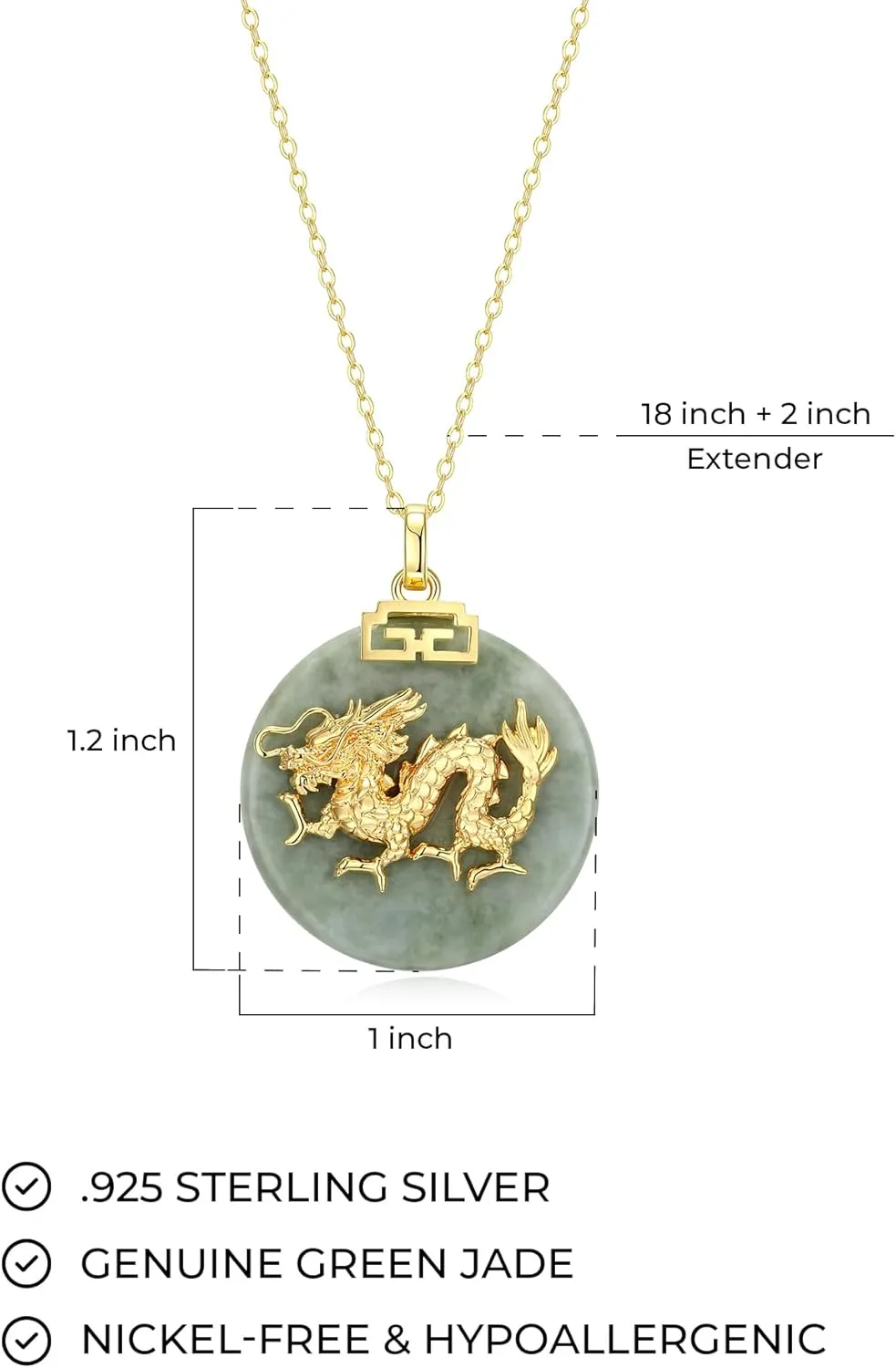 .925 Sterling Silver 18K Gold Plated Chinese Zodiac Sign Pendant Necklaces for Women - Hypoallergenic Genuine Green Jade Gold Necklace for Women Zodiac Year Jewelry, 18 inch Chain