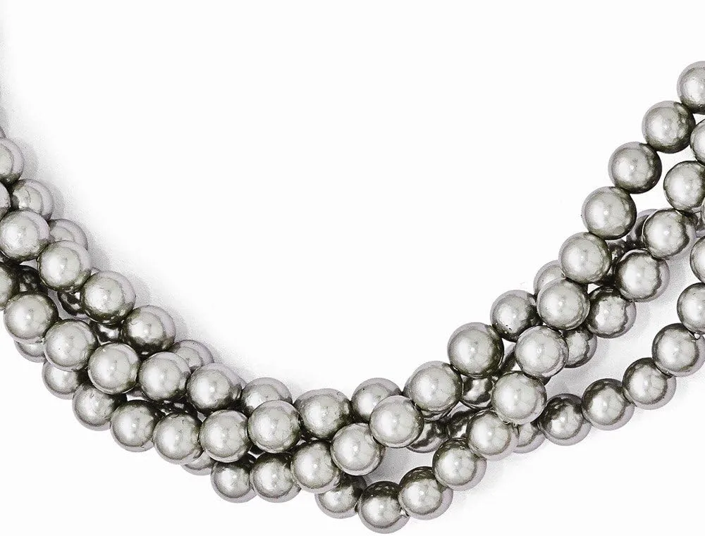 925 Sterling Silver 4Row 4-5mm Grey Imitation Shell Pearl Twist Necklace 20"