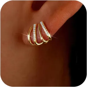 925 Sterling Silver Claw Earrings for Women Mom CZ Half Hoop Stud Earrings 14K Gold Plated Triple Piercings Illusion Stud to Daughter Warp Cuff Dainty Wedding Graduation Jewelry Gifts for Her