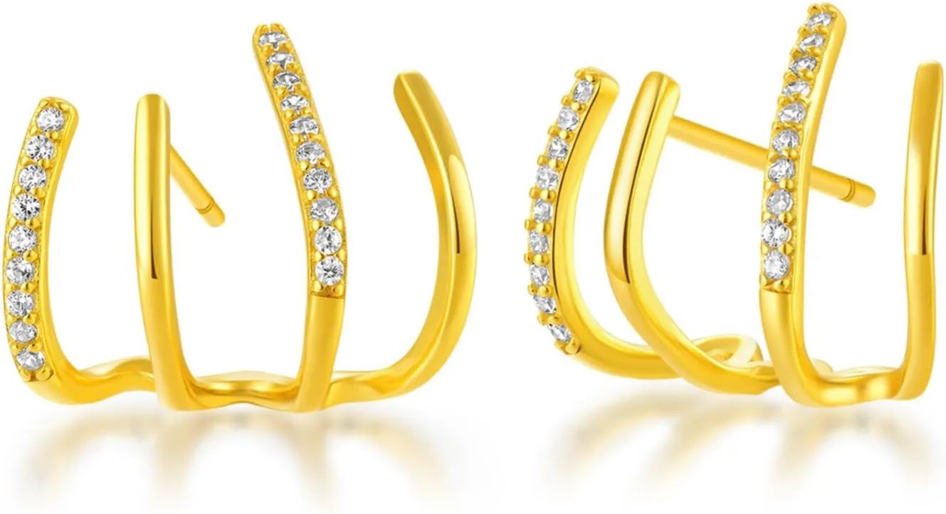 925 Sterling Silver Claw Earrings for Women Mom CZ Half Hoop Stud Earrings 14K Gold Plated Triple Piercings Illusion Stud to Daughter Warp Cuff Dainty Wedding Graduation Jewelry Gifts for Her