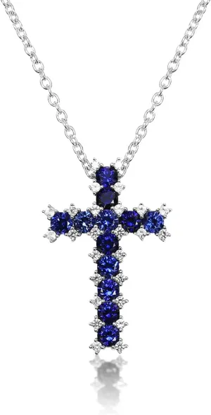 925 Sterling Silver Created Sapphire Cross Pendant Necklace
