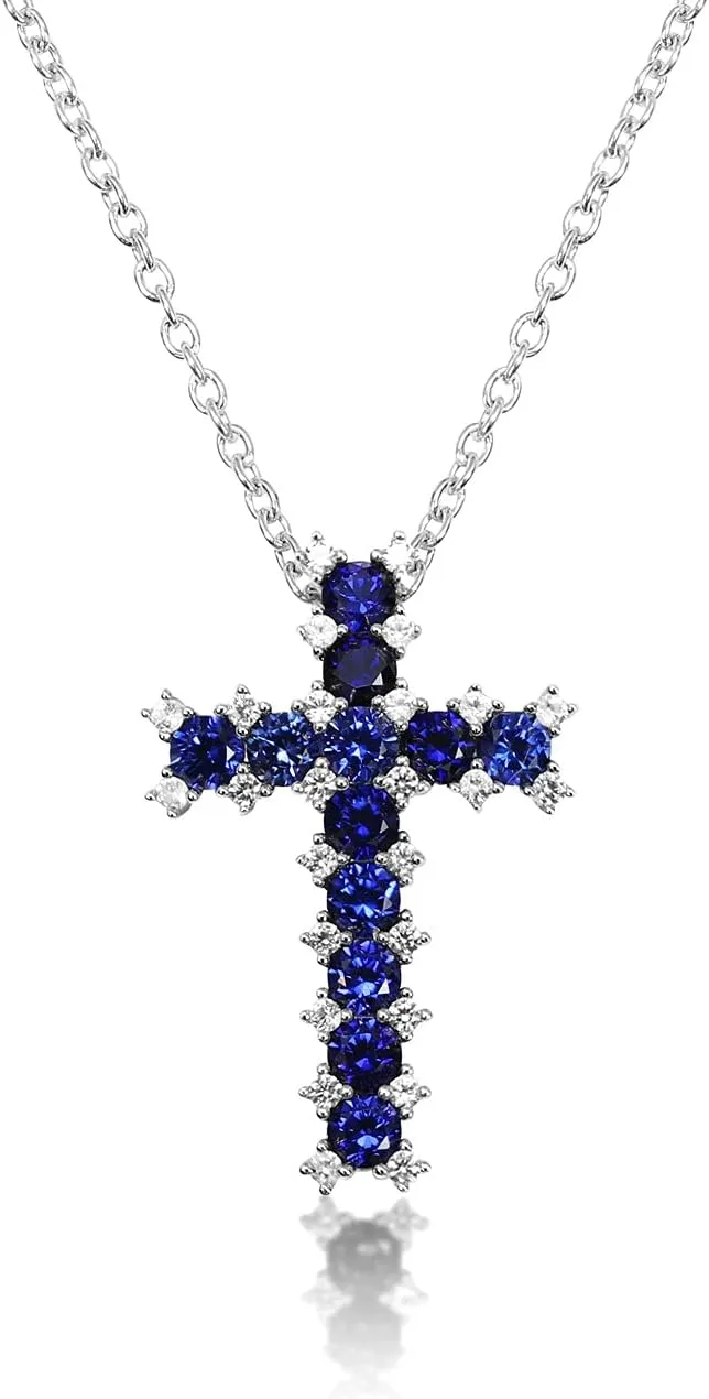 925 Sterling Silver Created Sapphire Cross Pendant Necklace