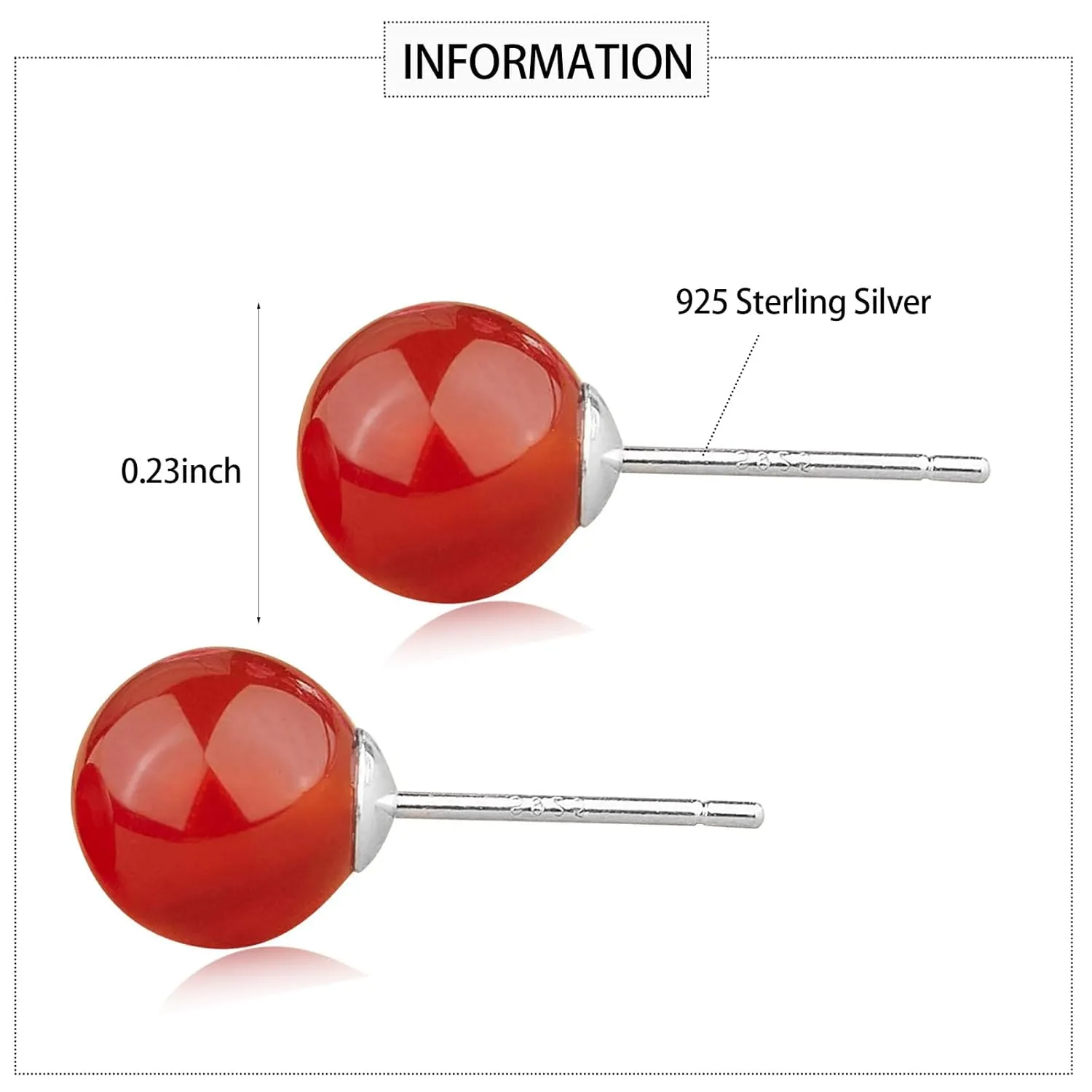 925 Sterling Silver Natural Stone Earrings Studs for Women 8MM Black Agate/Red Agate/Opal Ball Earrings for Sensitive Ears Handmade Gemstone Jewelry for Birthday Anniversary Presents (red)