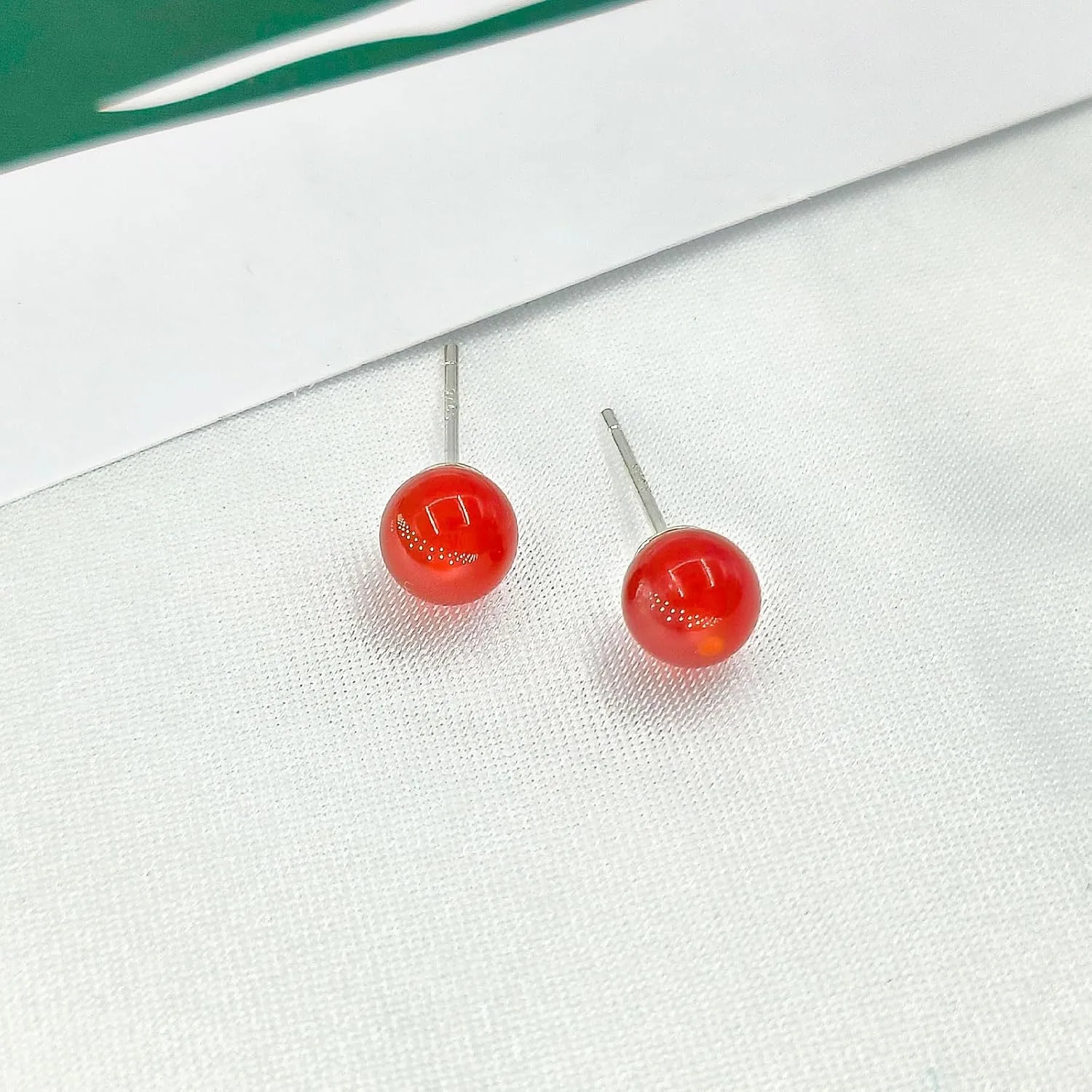 925 Sterling Silver Natural Stone Earrings Studs for Women 8MM Black Agate/Red Agate/Opal Ball Earrings for Sensitive Ears Handmade Gemstone Jewelry for Birthday Anniversary Presents (red)
