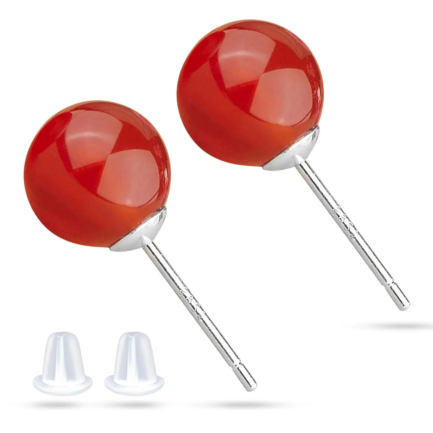 925 Sterling Silver Natural Stone Earrings Studs for Women 8MM Black Agate/Red Agate/Opal Ball Earrings for Sensitive Ears Handmade Gemstone Jewelry for Birthday Anniversary Presents (red)