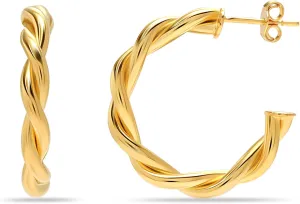 925 Sterling Silver Post Hoop Earrings for Women | 14K Gold-Plated Twisted Small C Hoops Earring | Size 15-25mm