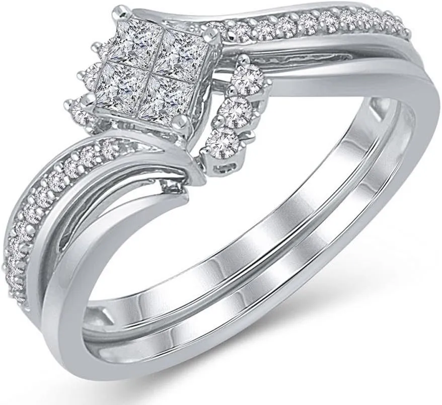 925 Sterling Silver Princess-Cut 0.33 Cttw Diamond Bypass Engagement Bridal Ring Set (I-J/I3)