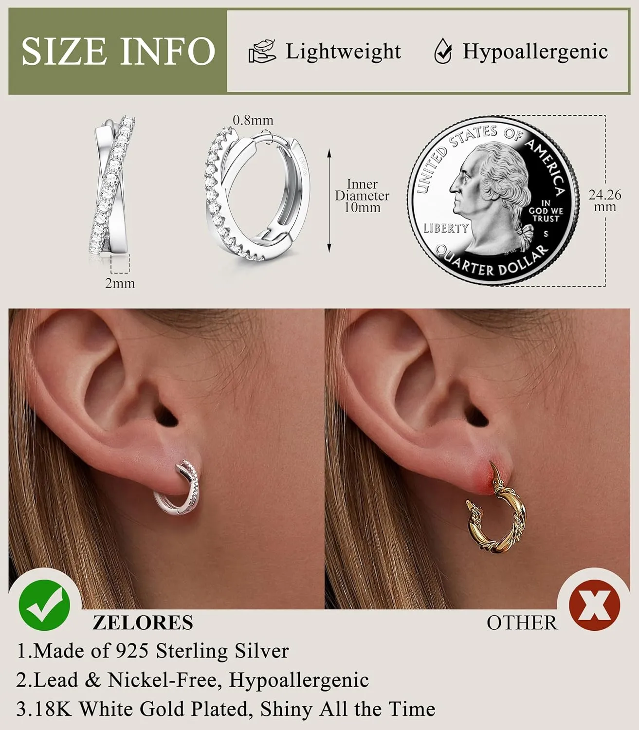 925 Sterling Silver Small Hoop Earrings for Women 18K White Gold Plated Cubic Zirconia Huggie Hoop Earrings Dainty Hoops Earring Double Hoop Earrings
