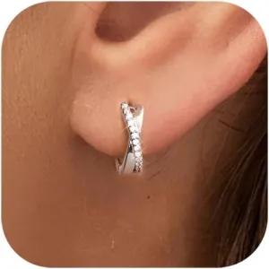 925 Sterling Silver Small Hoop Earrings for Women 18K White Gold Plated Cubic Zirconia Huggie Hoop Earrings Dainty Hoops Earring Double Hoop Earrings