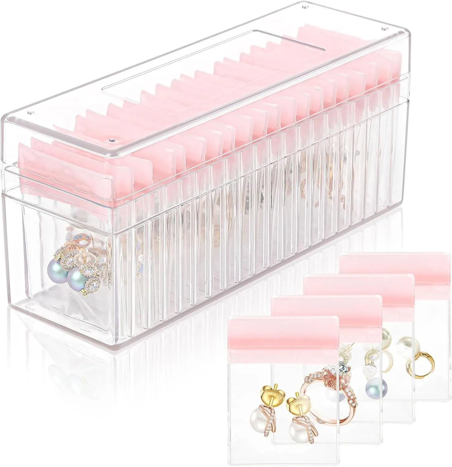 Acrylic Jewelry Box Organizer,Clear Jewelry Case Organizer Travel, Holder with 20 Portable Anti Tarnish Jewelry bags, Travel Jewelry Case for Earrings/Rings/Necklaces Gift for Women Girls(Pink)