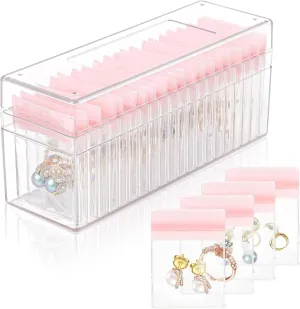 Acrylic Jewelry Box Organizer,Clear Jewelry Case Organizer Travel, Holder with 20 Portable Anti Tarnish Jewelry bags, Travel Jewelry Case for Earrings/Rings/Necklaces Gift for Women Girls(Pink)