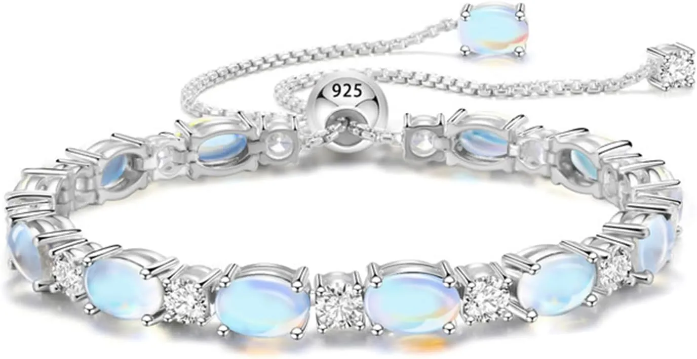 Adjustable Birthstone Gem Tennis Bracelet for Women, 925 Sterling Silver Plated with White Gold Chain