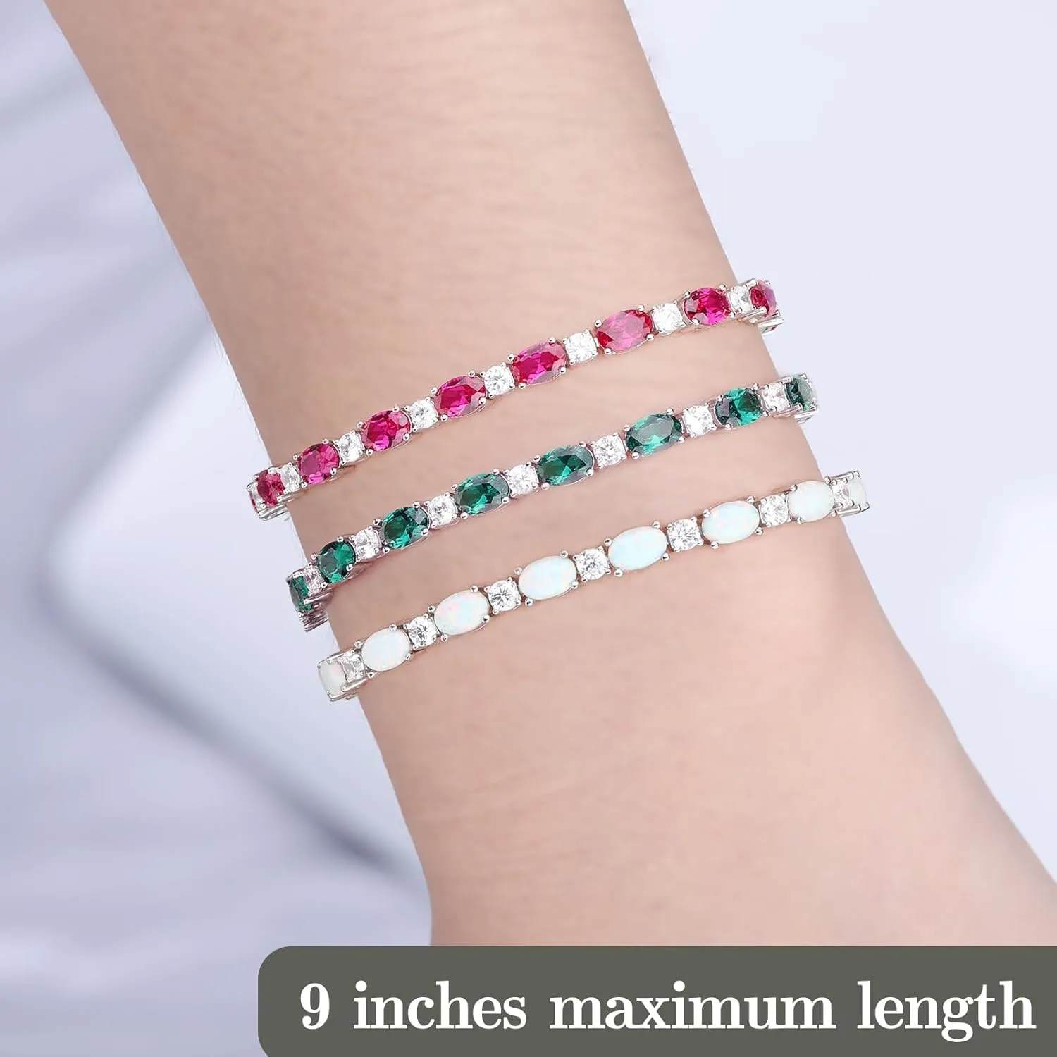 Adjustable Birthstone Gem Tennis Bracelet for Women, 925 Sterling Silver Plated with White Gold Chain