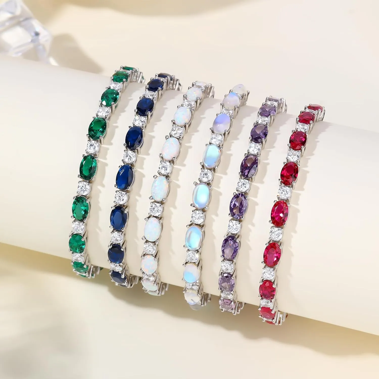 Adjustable Birthstone Gem Tennis Bracelet for Women, 925 Sterling Silver Plated with White Gold Chain