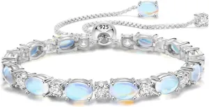 Adjustable Birthstone Gem Tennis Bracelet for Women, 925 Sterling Silver Plated with White Gold Chain