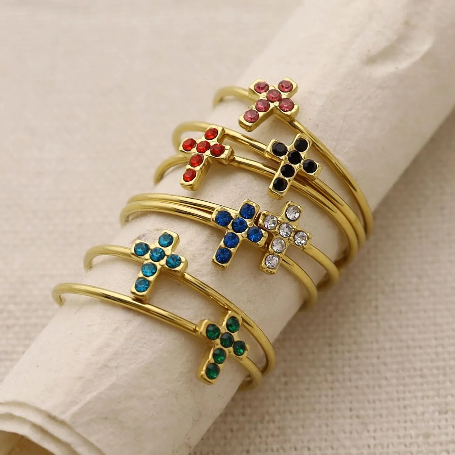 Adjustable Crystal Cross Ring for Women - 18K Gold Plated Open Christian Ring, Faith, Hope, Love, Purity Symbol Ring