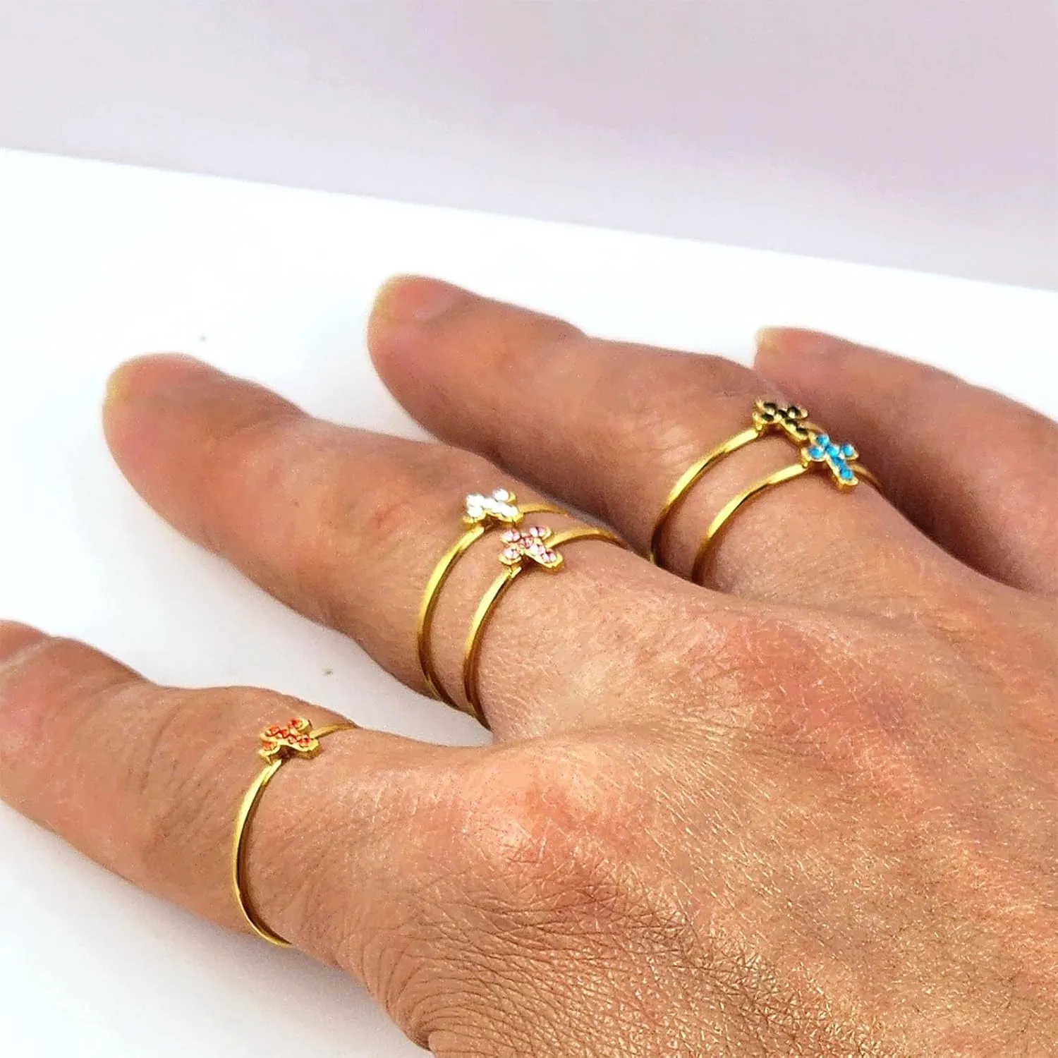 Adjustable Crystal Cross Ring for Women - 18K Gold Plated Open Christian Ring, Faith, Hope, Love, Purity Symbol Ring