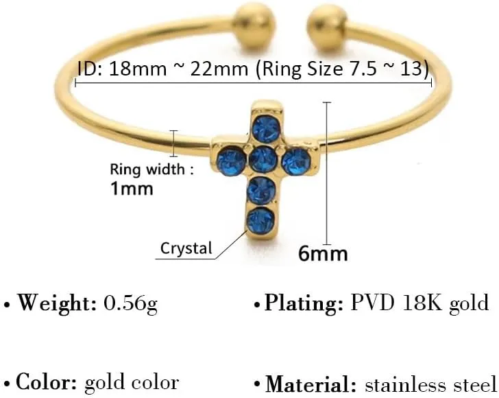 Adjustable Crystal Cross Ring for Women - 18K Gold Plated Open Christian Ring, Faith, Hope, Love, Purity Symbol Ring