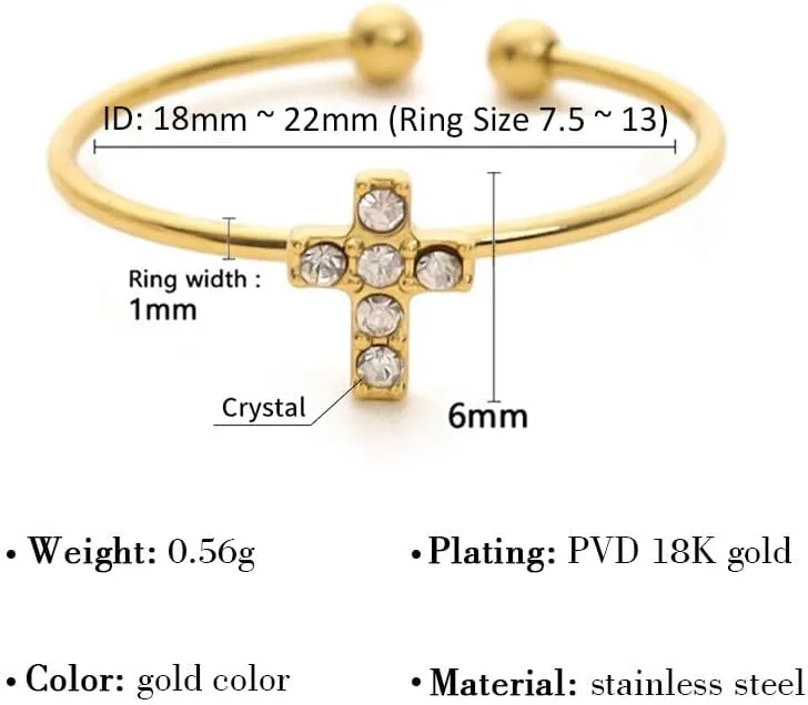 Adjustable Crystal Cross Ring for Women - 18K Gold Plated Open Christian Ring, Faith, Hope, Love, Purity Symbol Ring