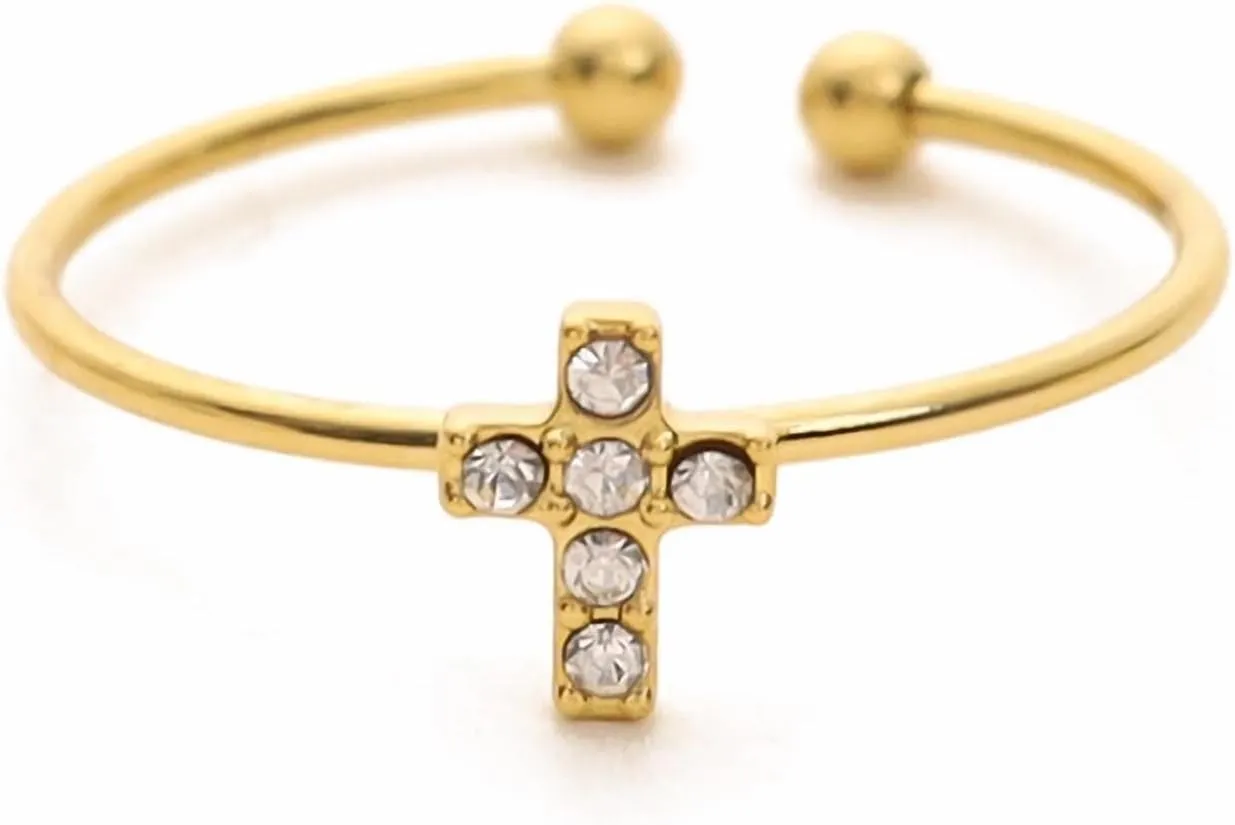 Adjustable Crystal Cross Ring for Women - 18K Gold Plated Open Christian Ring, Faith, Hope, Love, Purity Symbol Ring