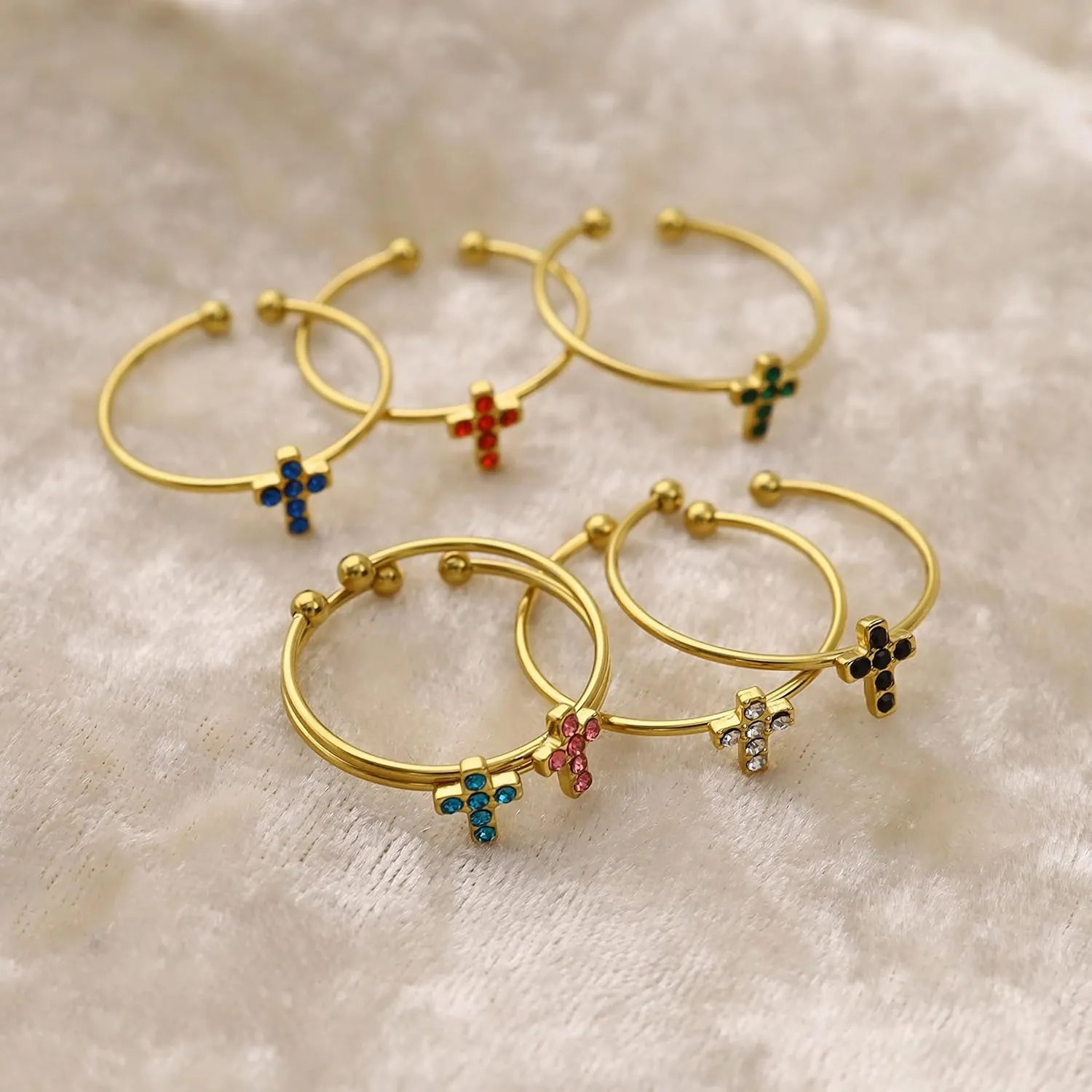 Adjustable Crystal Cross Ring for Women - 18K Gold Plated Open Christian Ring, Faith, Hope, Love, Purity Symbol Ring