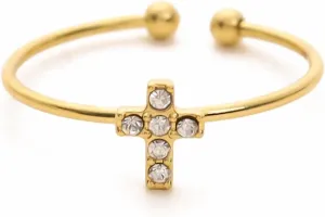 Adjustable Crystal Cross Ring for Women - 18K Gold Plated Open Christian Ring, Faith, Hope, Love, Purity Symbol Ring