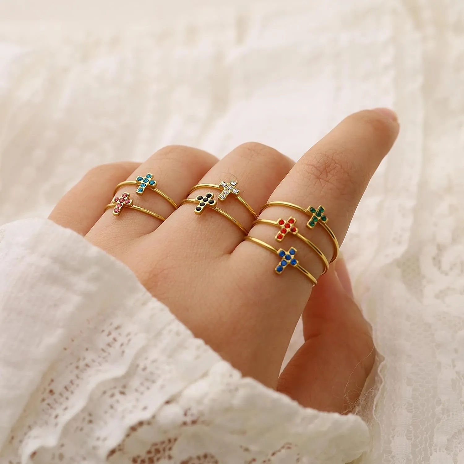 Adjustable Crystal Cross Ring for Women - 18K Gold Plated Open Christian Ring, Faith, Hope, Love, Purity Symbol Ring