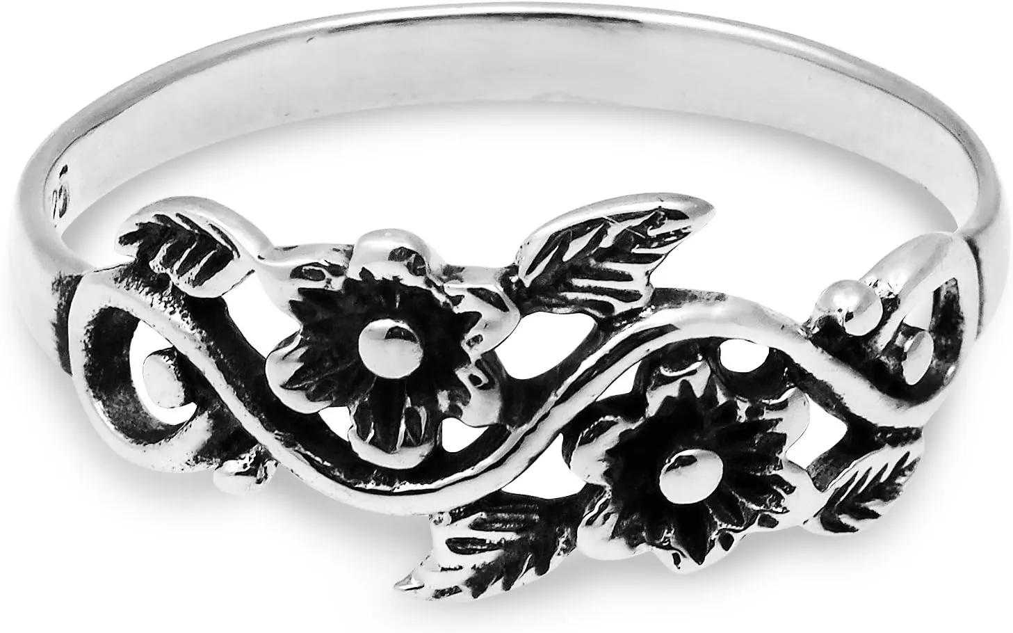 AeraVida Blooming Wild Floral Vine .925 Sterling Silver Band Ring | Wild Floral Silver Rings | Vine Band Ring Silver for Women | Comfort Fit USA Sizes 4-13 | Silver Ring Jewelry