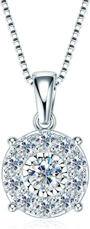 AINUOSHI 1 Carat Moissanite Necklace For Women, D Color Halo Style Pendant Imitation Diamond Cluster S925 Sterling Silver Box Chain 18inch with 2inch Extender Come with GRA Certificate