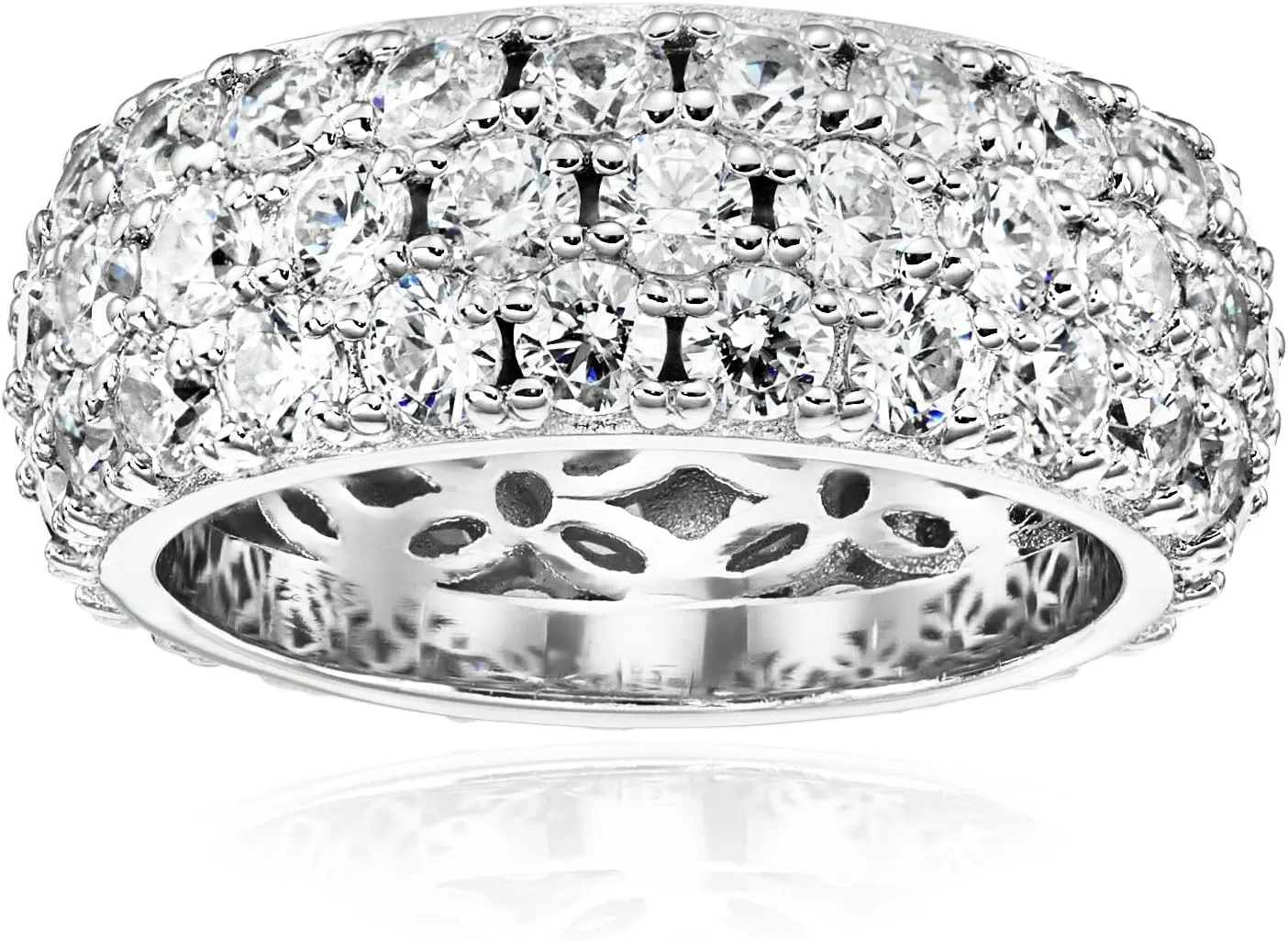 Amazon Essentials Platinum or Gold Plated Sterling Silver 3 Row Pave Ring set with Round Infinite Elements Cubic Zirconia, (previously Amazon Collection)
