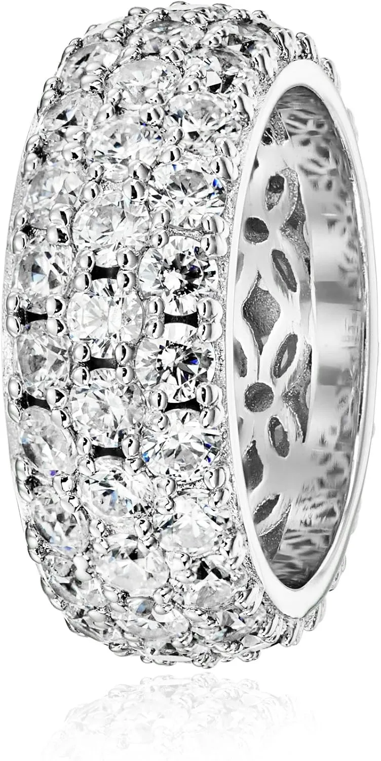 Amazon Essentials Platinum or Gold Plated Sterling Silver 3 Row Pave Ring set with Round Infinite Elements Cubic Zirconia, (previously Amazon Collection)