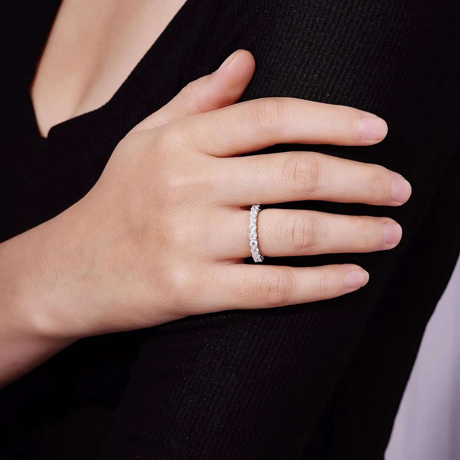 Amazon Essentials Platinum or Gold Plated Sterling Silver All-Around Band Ring set with Round Infinite Elements Cubic Zirconia (previously Amazon Collection)