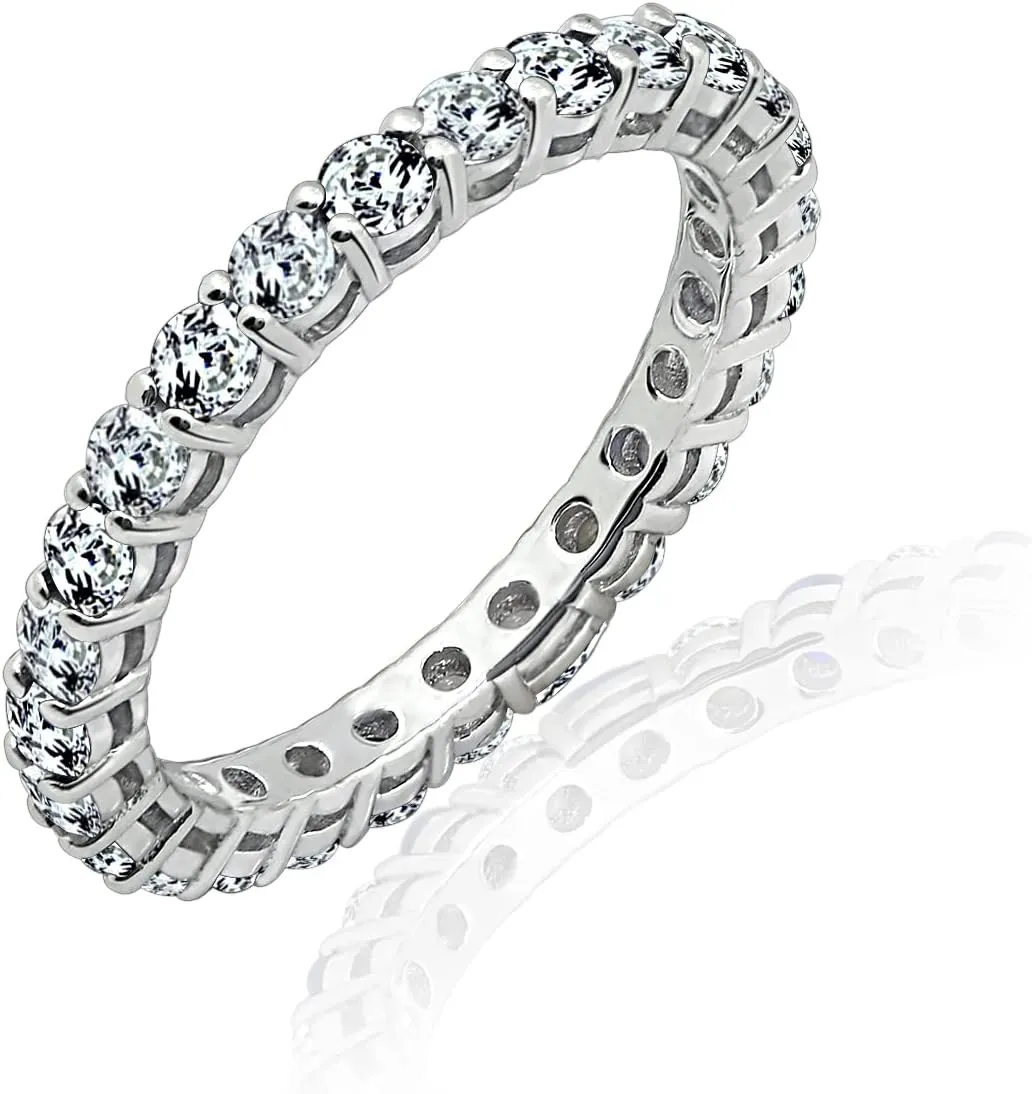 Amazon Essentials Platinum or Gold Plated Sterling Silver All-Around Band Ring set with Round Infinite Elements Cubic Zirconia (previously Amazon Collection)
