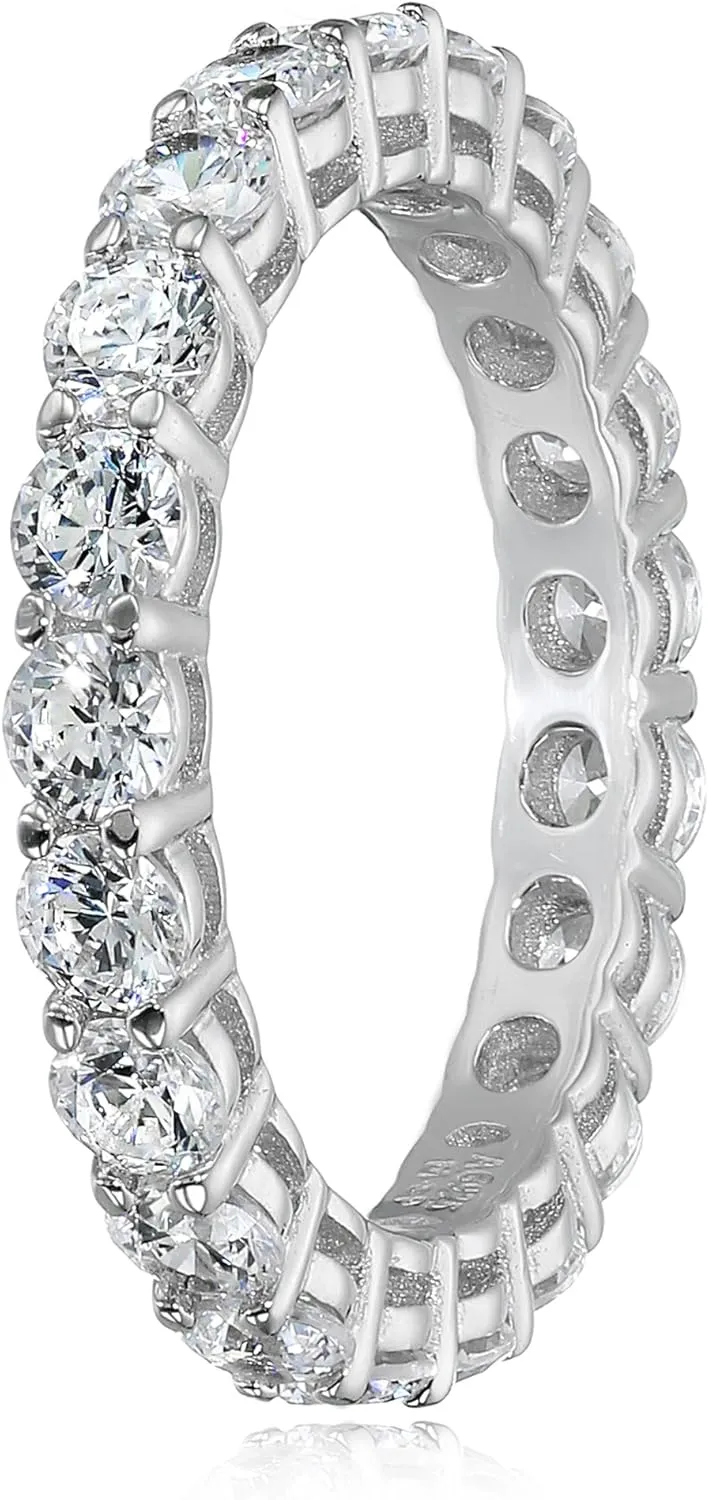 Amazon Essentials Platinum or Gold Plated Sterling Silver All-Around Band Ring set with Round Infinite Elements Cubic Zirconia (previously Amazon Collection)