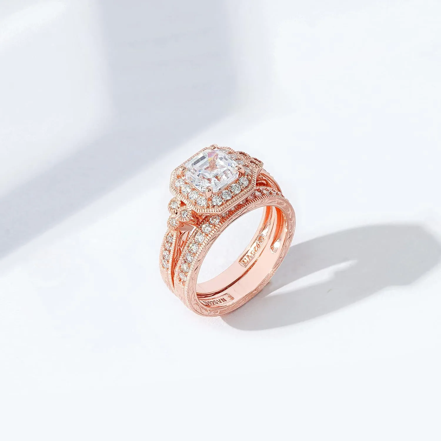Amazon Essentials Platinum or Gold Plated Sterling Silver Antique Ring set with Asscher-Cut Infinite Elements Cubic Zirconia (previously Amazon Collection)