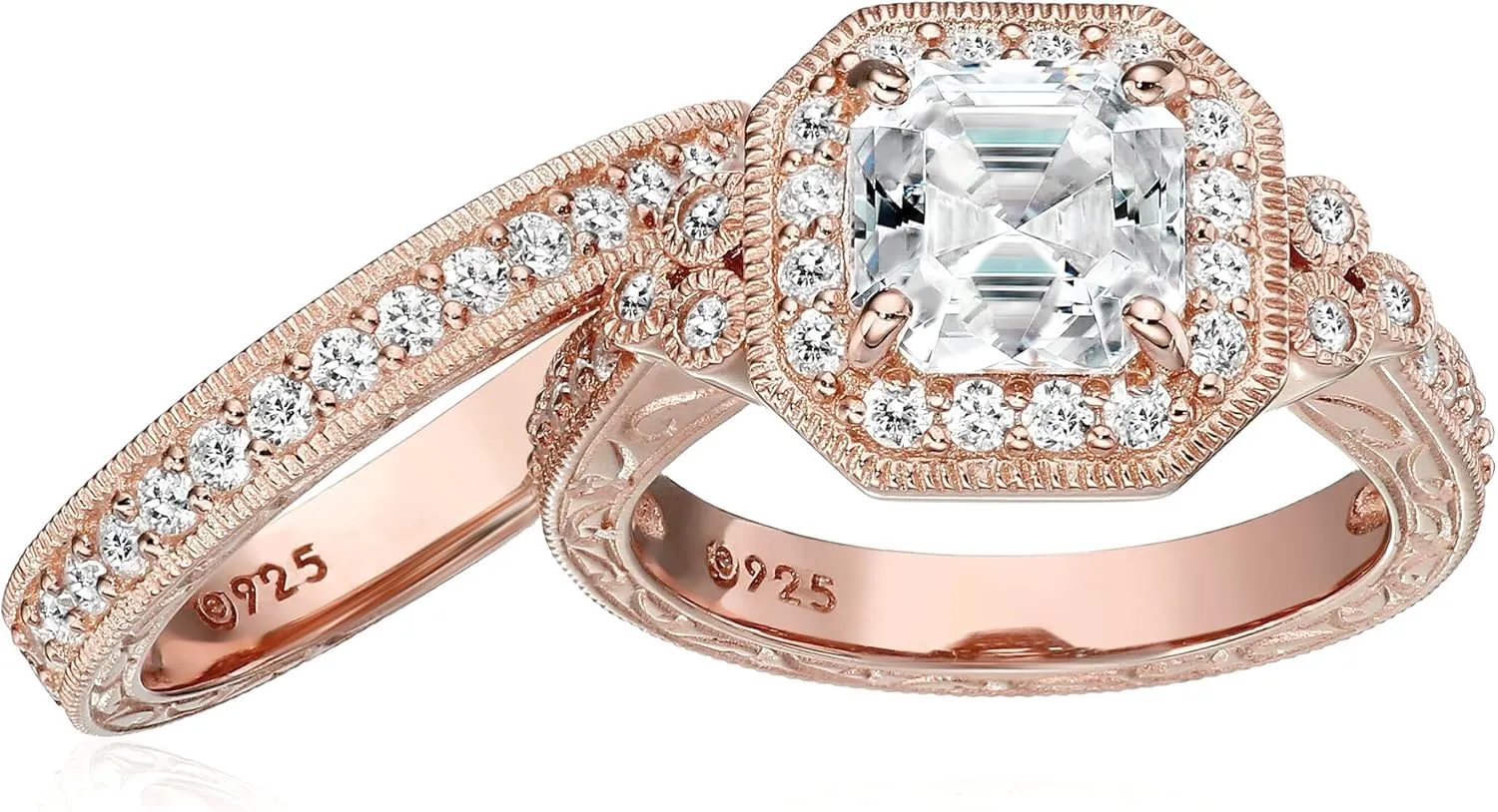 Amazon Essentials Platinum or Gold Plated Sterling Silver Antique Ring set with Asscher-Cut Infinite Elements Cubic Zirconia (previously Amazon Collection)