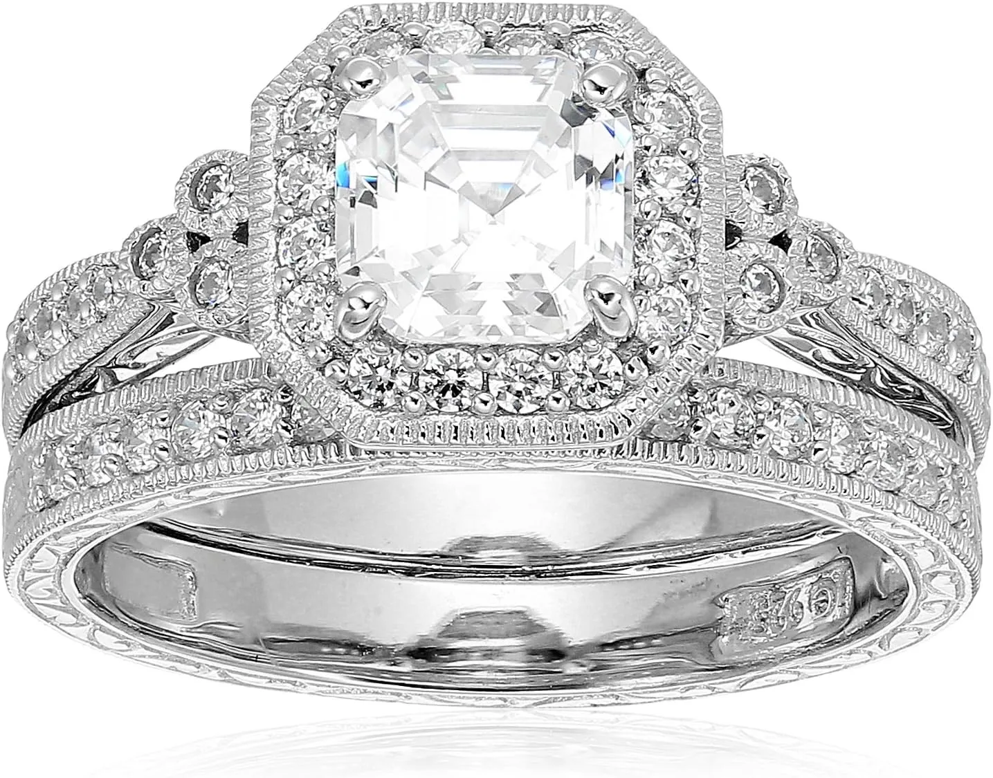 Amazon Essentials Platinum or Gold Plated Sterling Silver Antique Ring set with Asscher-Cut Infinite Elements Cubic Zirconia (previously Amazon Collection)