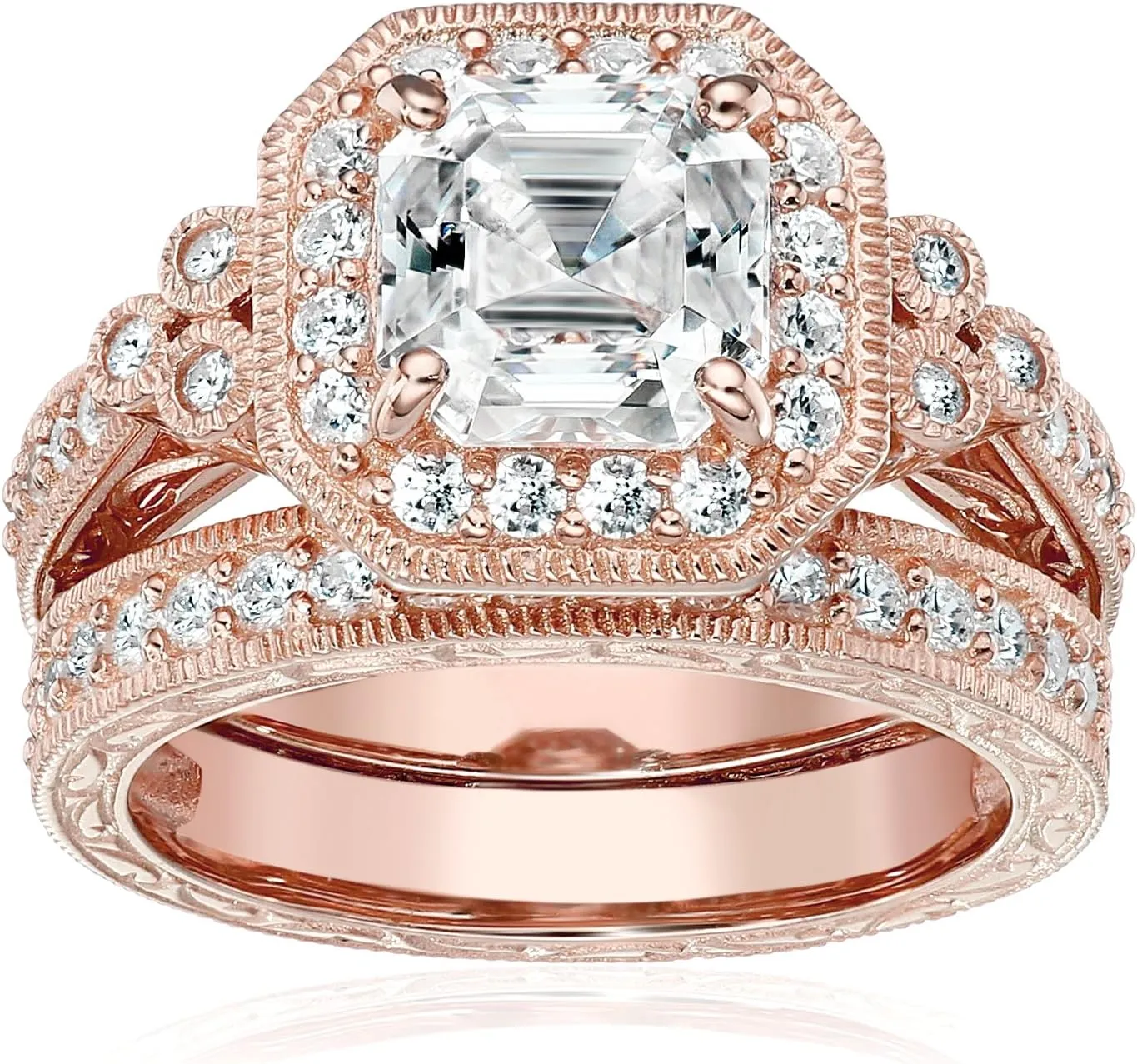 Amazon Essentials Platinum or Gold Plated Sterling Silver Antique Ring set with Asscher-Cut Infinite Elements Cubic Zirconia (previously Amazon Collection)