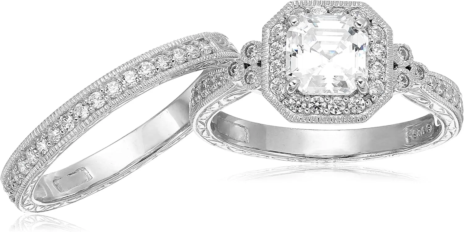Amazon Essentials Platinum or Gold Plated Sterling Silver Antique Ring set with Asscher-Cut Infinite Elements Cubic Zirconia (previously Amazon Collection)