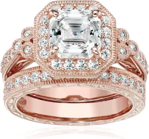 Amazon Essentials Platinum or Gold Plated Sterling Silver Antique Ring set with Asscher-Cut Infinite Elements Cubic Zirconia (previously Amazon Collection)