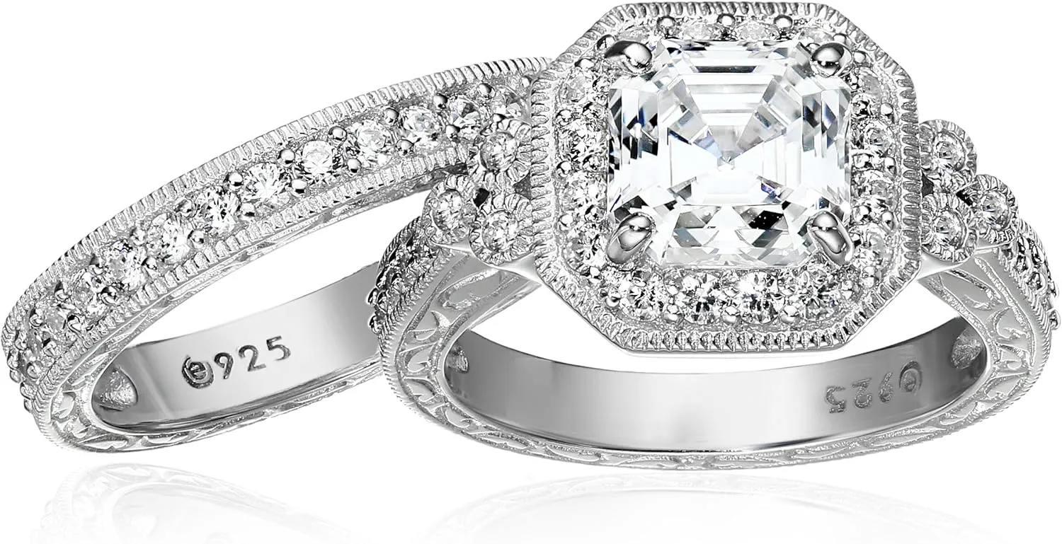 Amazon Essentials Platinum or Gold Plated Sterling Silver Antique Ring set with Asscher-Cut Infinite Elements Cubic Zirconia (previously Amazon Collection)