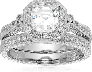 Amazon Essentials Platinum or Gold Plated Sterling Silver Antique Ring set with Asscher-Cut Infinite Elements Cubic Zirconia (previously Amazon Collection)