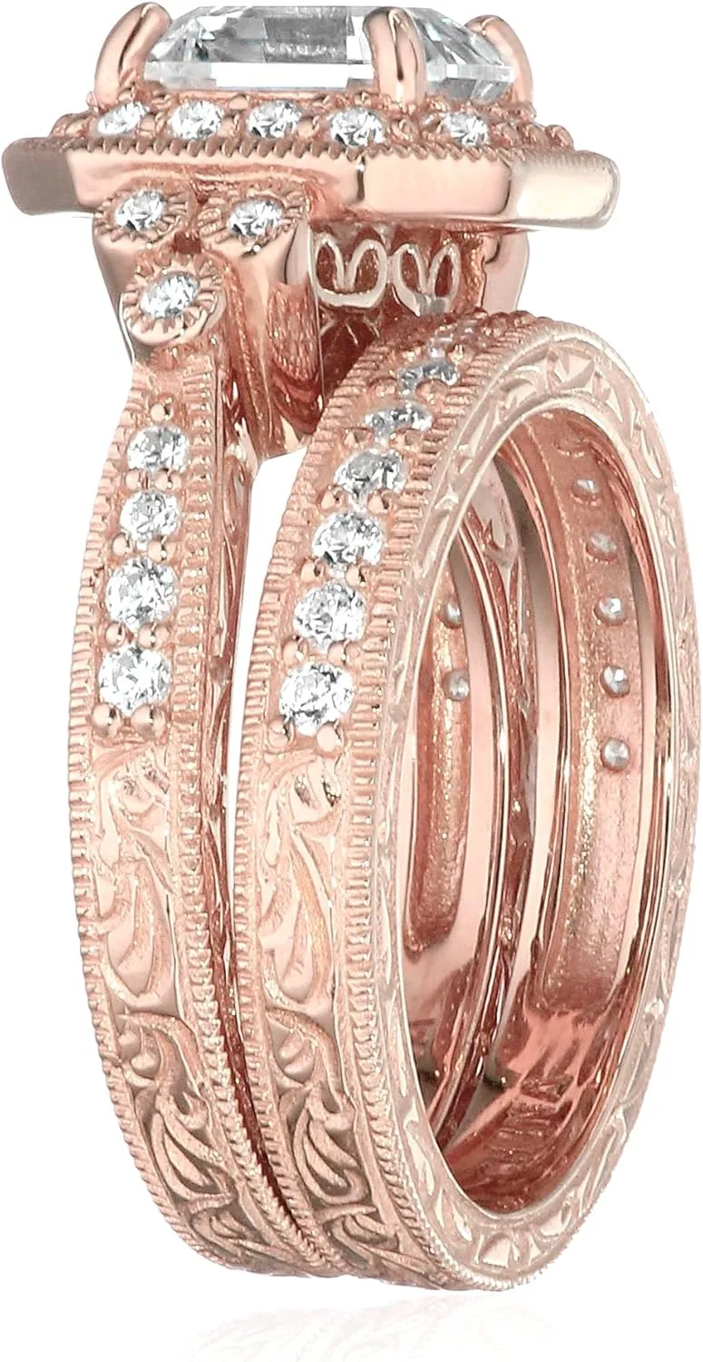 Amazon Essentials Platinum or Gold Plated Sterling Silver Antique Ring set with Asscher-Cut Infinite Elements Cubic Zirconia (previously Amazon Collection)