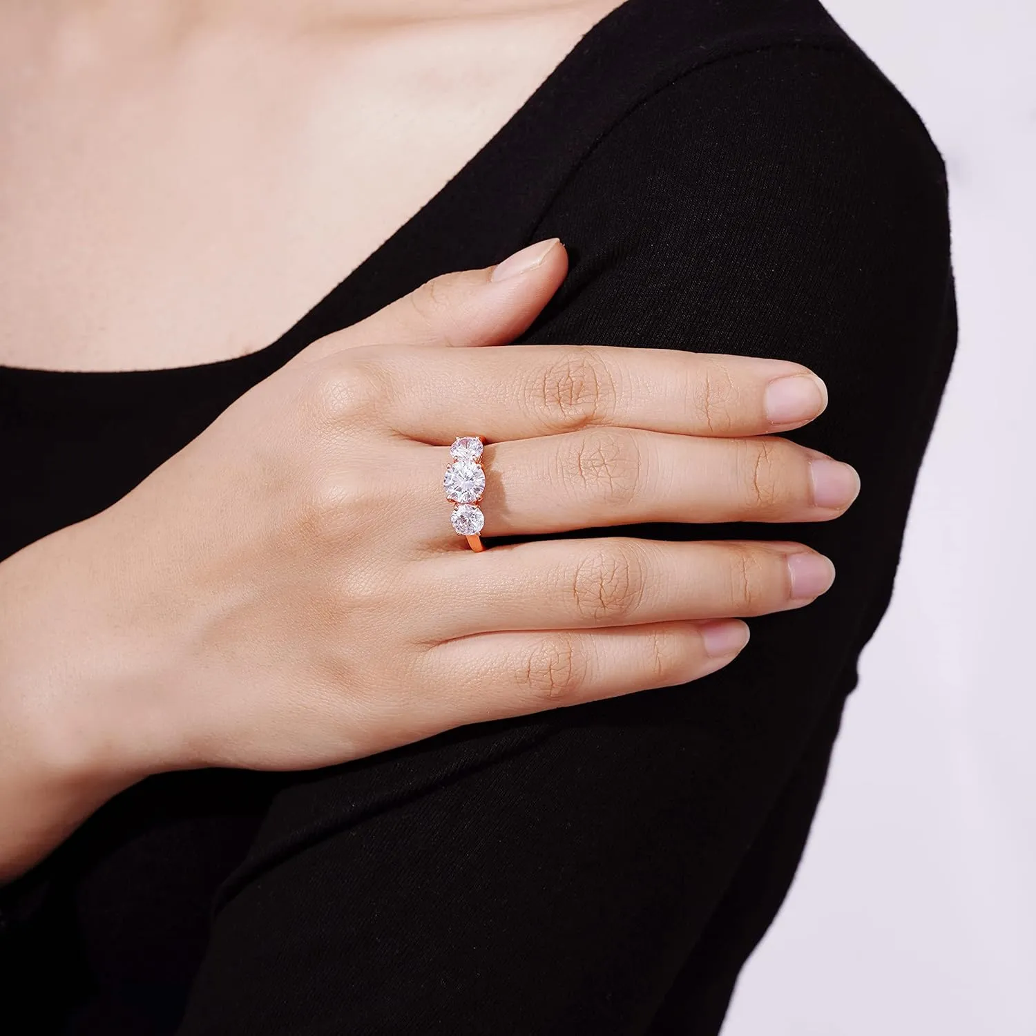 Amazon Essentials Platinum or Gold Plated Sterling Silver Round 3-Stone Ring made with Infinite Elements Cubic Zirconia (previously Amazon Collection)