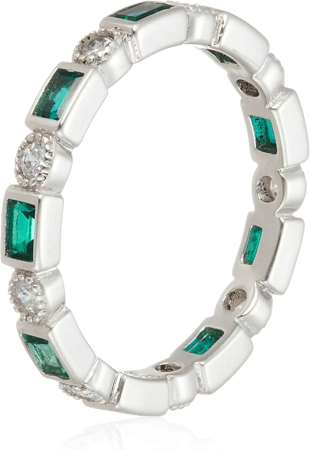 Amazon Essentials Platinum-Plated Sterling Silver Created Gem Eternity Band Ring set with Infinite Elements Cubic Zirconia Accents (previously Amazon Collection)
