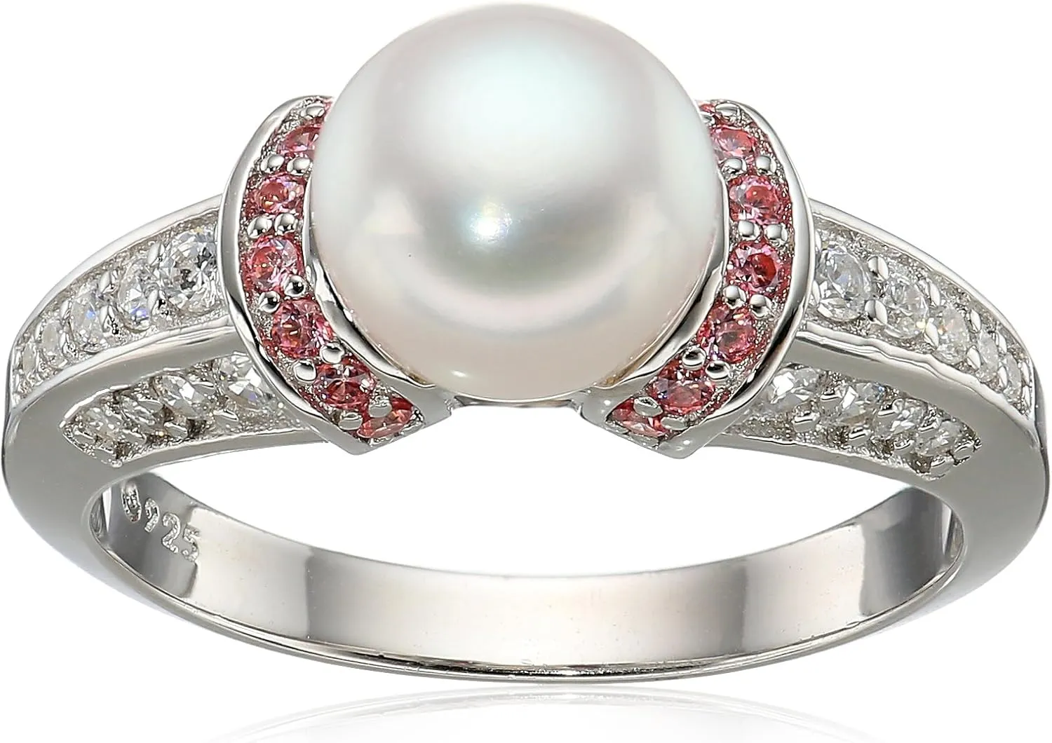 Amazon Essentials Platinum Plated Sterling Silver Infinite Elements Cubic Zirconia Freshwater Cultured Pearl Ring, (previously Amazon Collection)