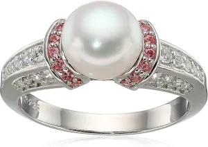 Amazon Essentials Platinum Plated Sterling Silver Infinite Elements Cubic Zirconia Freshwater Cultured Pearl Ring, (previously Amazon Collection)