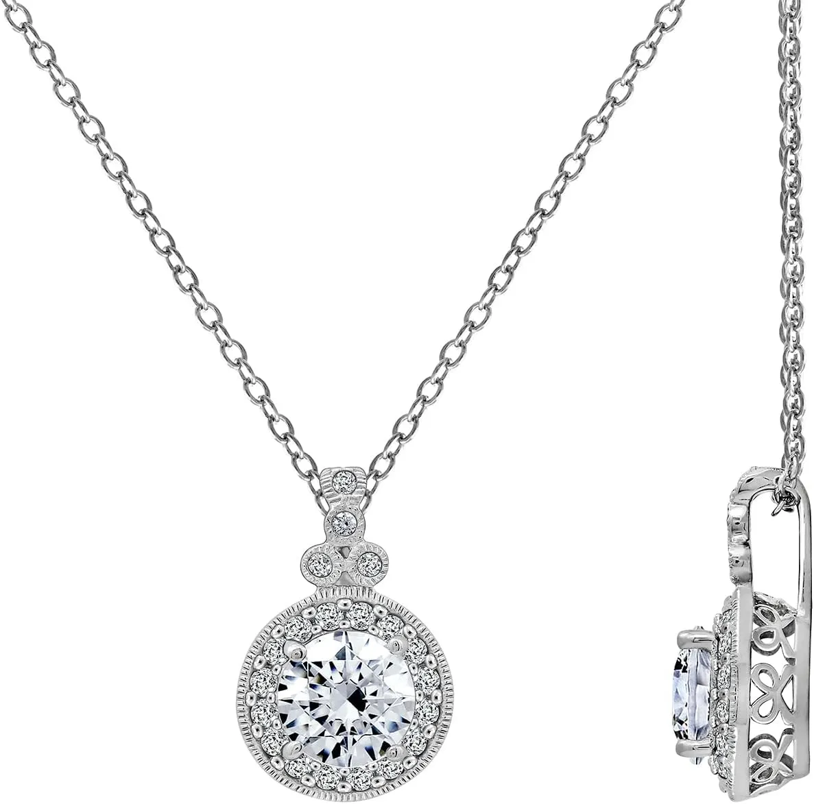 Amazon Essentials Platinum-Plated Sterling Silver Infinite Elements Zirconia Round-Cut Antique Pendant Necklace , (previously Amazon Collection)